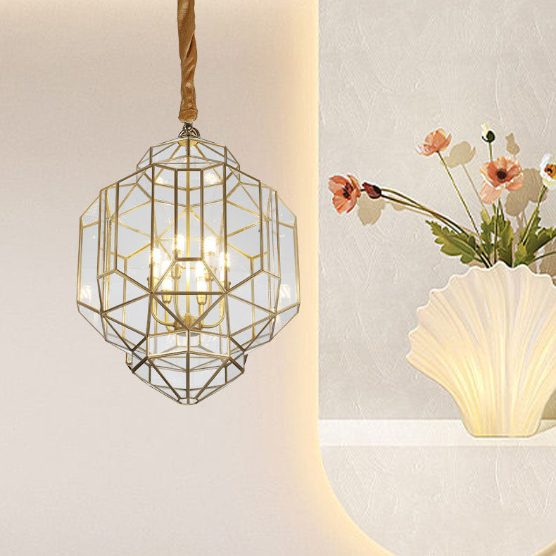 Modern Mid-Century Brass Finish Geometric Polygonal Frame Candelabra 6-Light Chandelier For Entryway