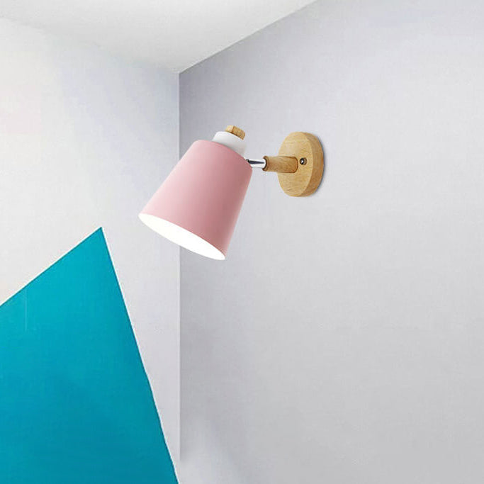 Minimalist Macaron Barrel Shade Wooden Chassis Plug 1-Light Wall Sconce Lamp for Living Room