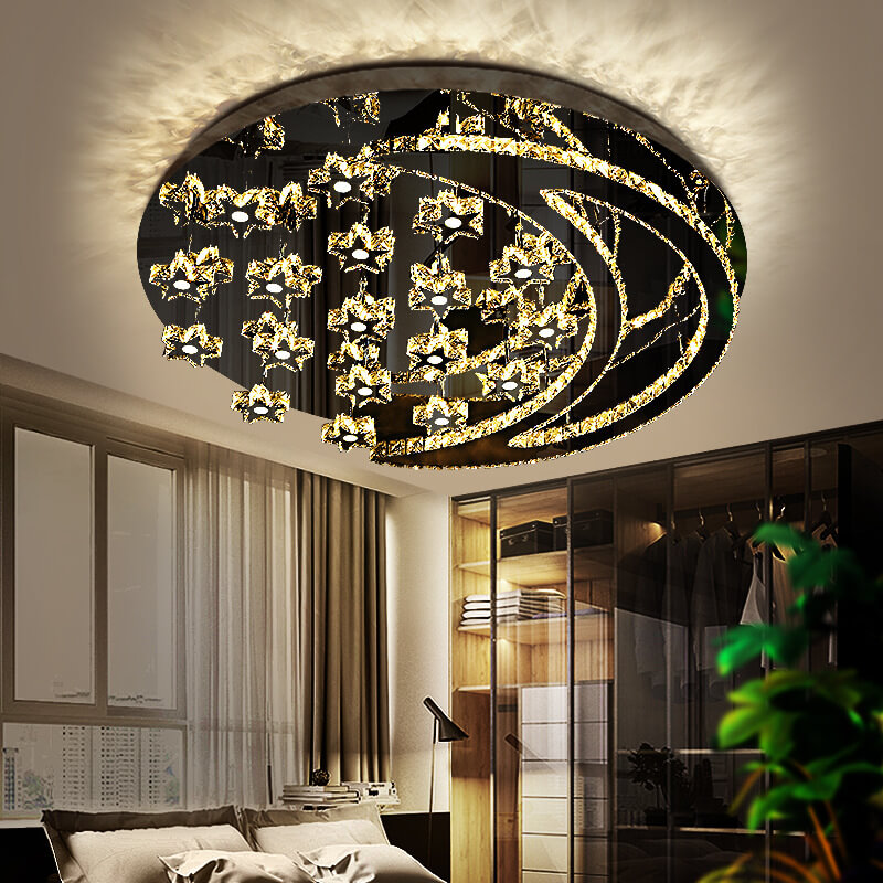 Modern Romantic Stainless Steel Crystal Star Moon LED Flush Mount Ceiling Light