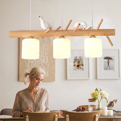 Contemporary Scandinavian Bird Cylinder Tree Branch Log Glass 2/3 Light Island Light Chandelier For Dining Room