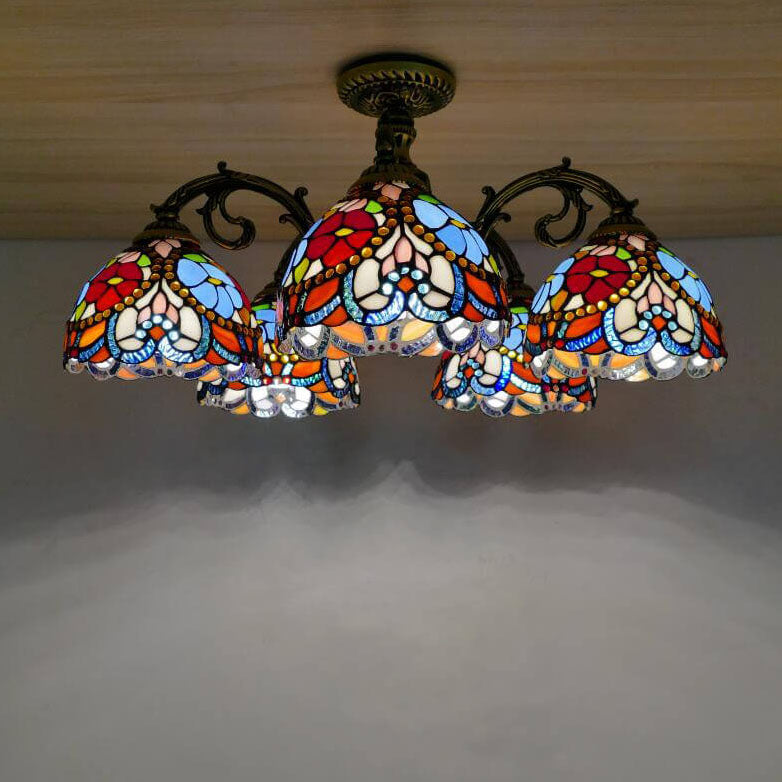 Traditionelle europäische Tiffany Eisen Buntglas 3/5/6-Licht Halbbündige Montage Licht 