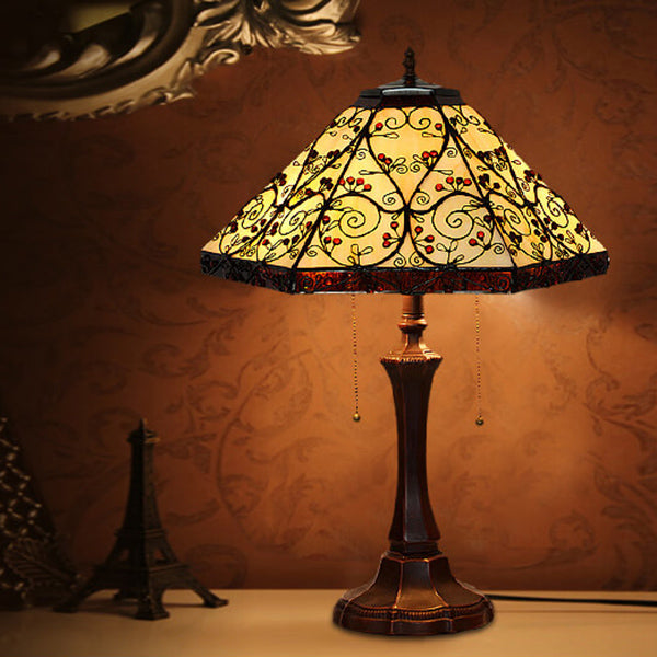 Lampe de Table à 2 Lumières en Verre Coloré Hexagonal à Motif Vigne de Tiffany Européen 