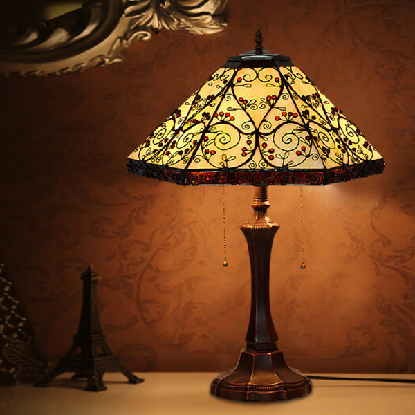 European Tiffany Hexagonal Vine Stained Glass 2-Light Table Lamp