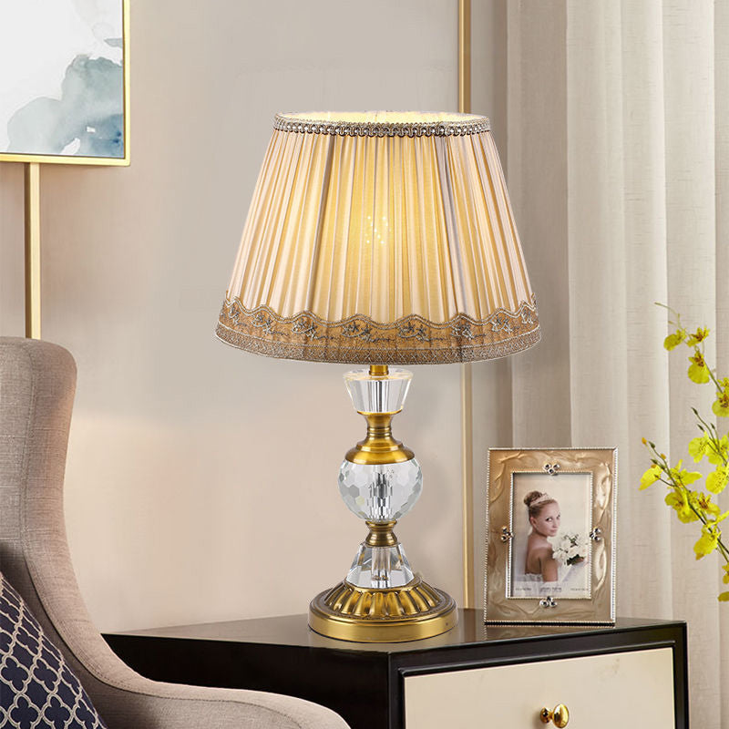 European Vintage Crystal Pillar Base Fabric 1-Light Table Lamp