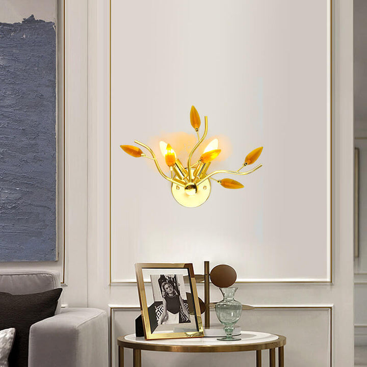 Contemporary Nordic Iron Glass Leaf Branch 2-Light Wall Sconce Lamp For Living Room