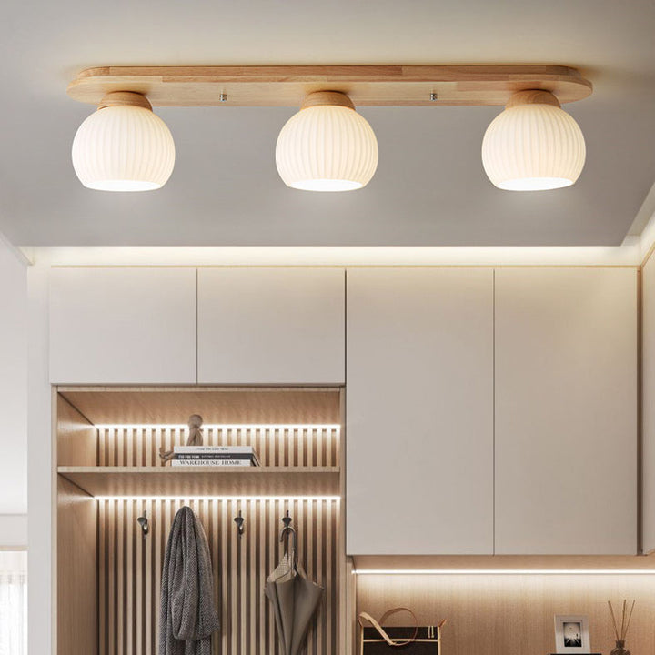 Traditional Japanese Striped Glass Wood Long Plate 2/3 Light Flush Mount Ceiling Light