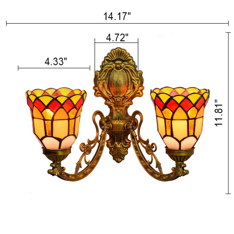 European Tiffany Stained Lattice Glass Bell Shade 2-Light Wall Sconce Lamp
