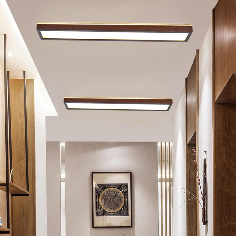 Japanese Minimalist Log Rectangular Walnut LED Flush Mount Ceiling Light