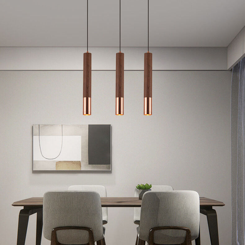 Nordic Minimalist Walnut Strip Aluminum Lampshade LED Pendant Light