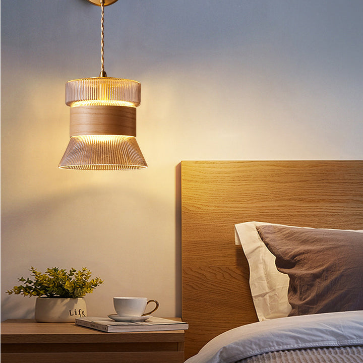 Traditional Japanese Walnut Glass  Copper Cylinder 1-Light Wall Sconce Lamp