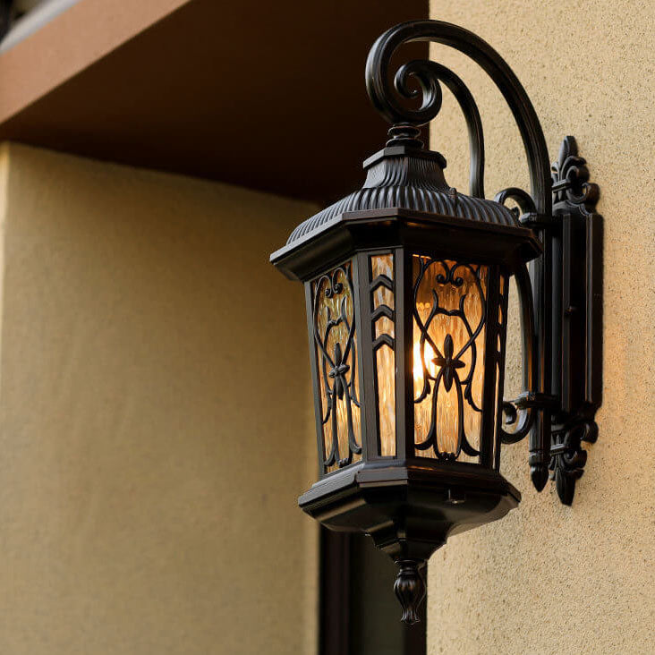 European Outdoor Carved Cage Aluminum Glass 1-Light Wall Sconce Lamp