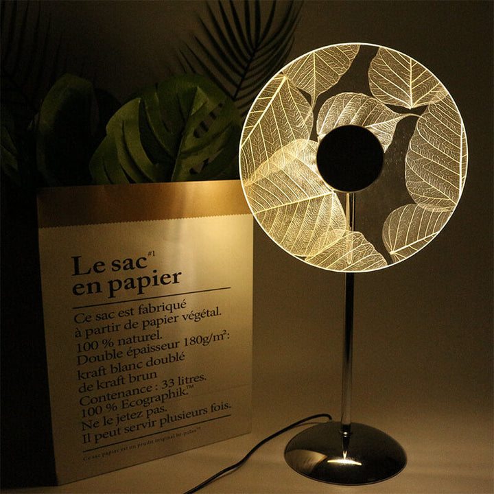 Lampe de table à lumière nocturne ambiante LED avec design moderne en acrylique et motif de feuille créatif 