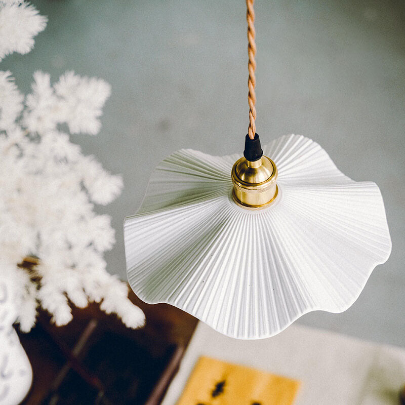 Traditional Vintage Ceramic Waves Scalloped Copper 1-Light Pendant Light For Living Room