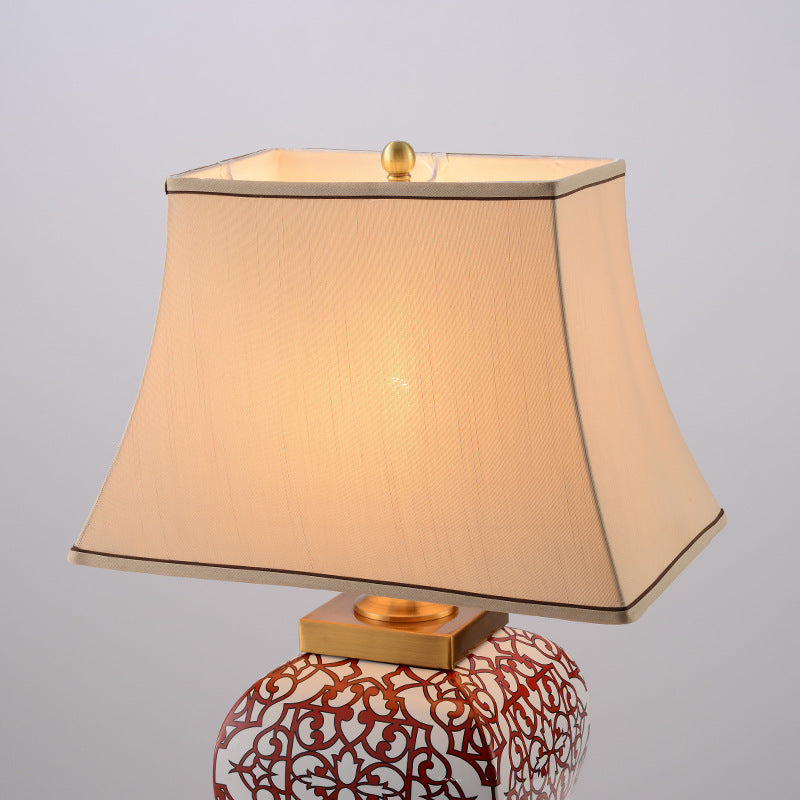 Modern Chinese Red Auspicious Ceramic  Fabric 1-Light Table Lamp