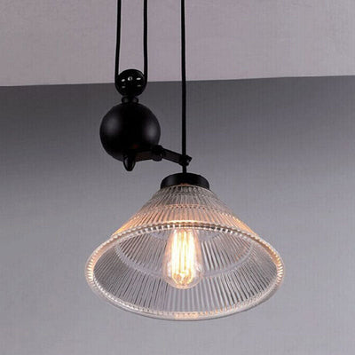 Contemporary Transitional Iron Pulley Liftable Pleated Glass Shade 1-Light Pendant Light For Dining Room
