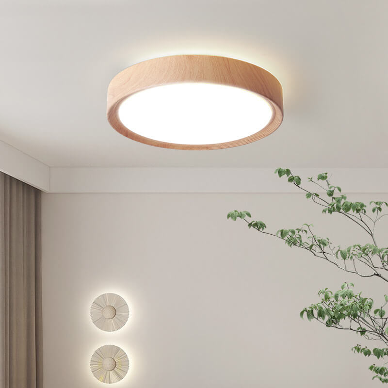 Modern Minimalist Round Wood Grain Iron Acrylic LED Flush Mount Light