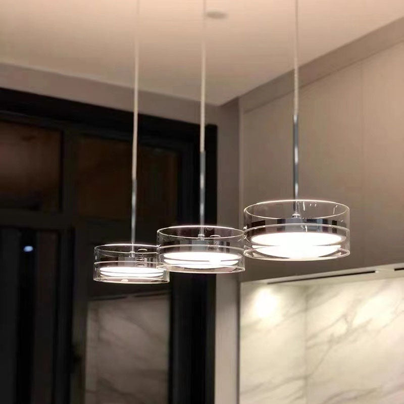 Lámpara de araña LED de isla con pantalla cilíndrica de vidrio de acero inoxidable escandinavo contemporáneo para comedor 