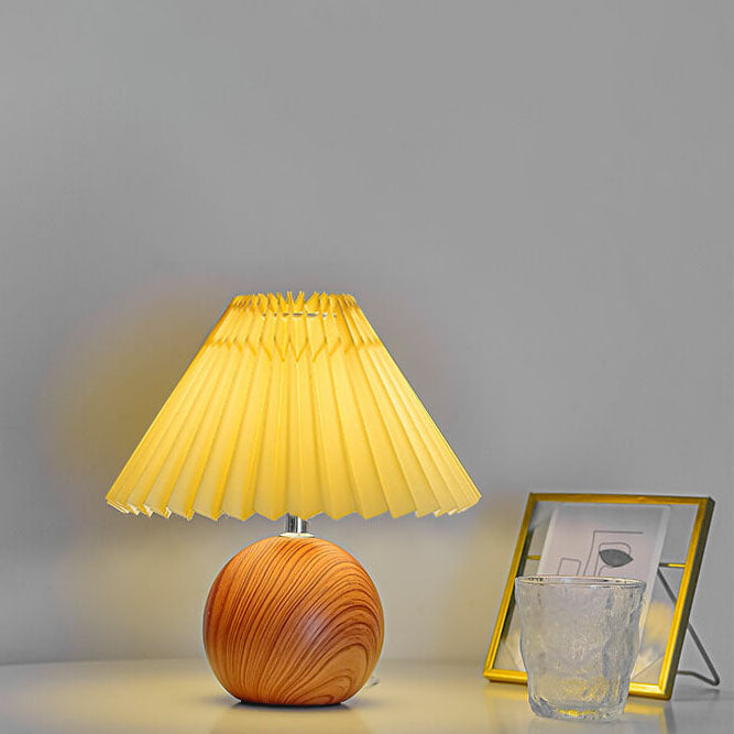 Nordic Vintage Pleated Wood Ball Base LED Table Lamp