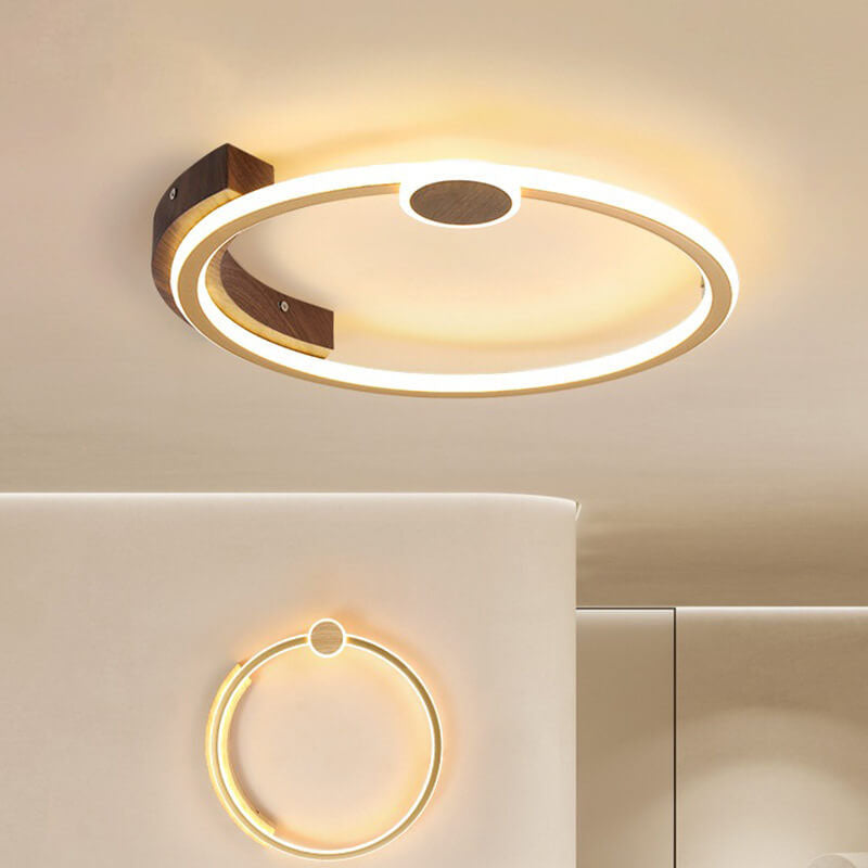Modern Minimalistic Round Solid Color Wood Iron Acrylic LED Flush Mount Light