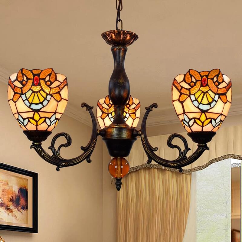 European Style Tiffany Baroque Bell Stained Glass 3-Light Chandelier