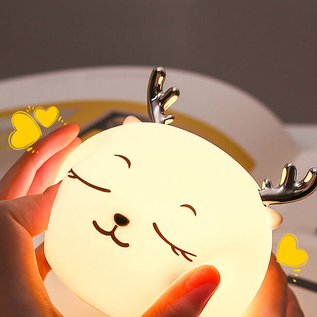 Lampe de Table Veilleuse à LED Rechargeable en Silicone Dessin Animé Cerf Mignon à Sept Couleurs 
