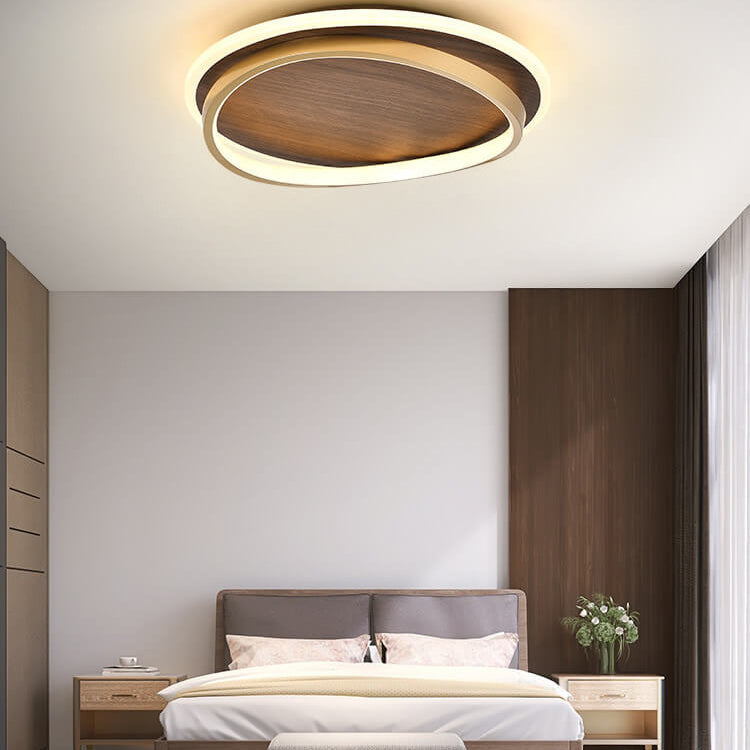 Nordic Minimalist Circular Walnut Grain LED Flush Mount Ceiling Light