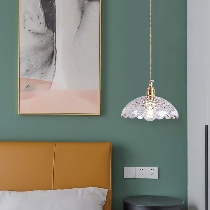 Suspension lumineuse en laiton avec abat-jour en verre clair vintage nordique en forme de fleur à 1 lumière 