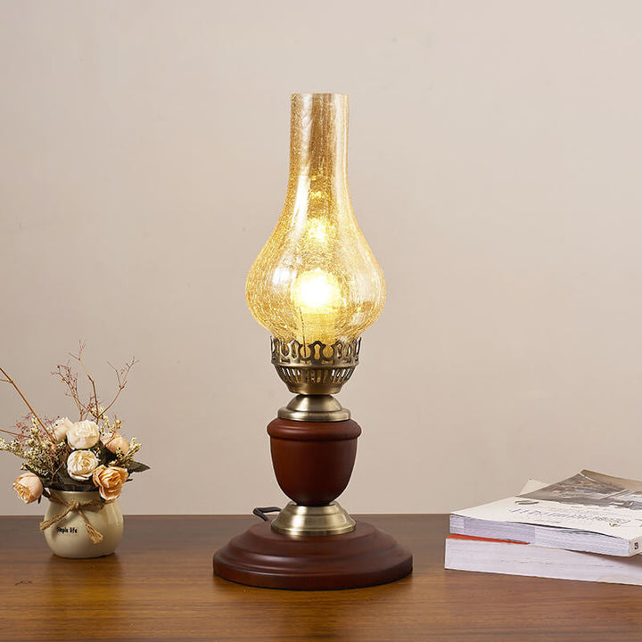 Lámpara de Mesa de Diseño Vintage de Latón, Madera y Vidrio para Queroseno con 1 Luz 