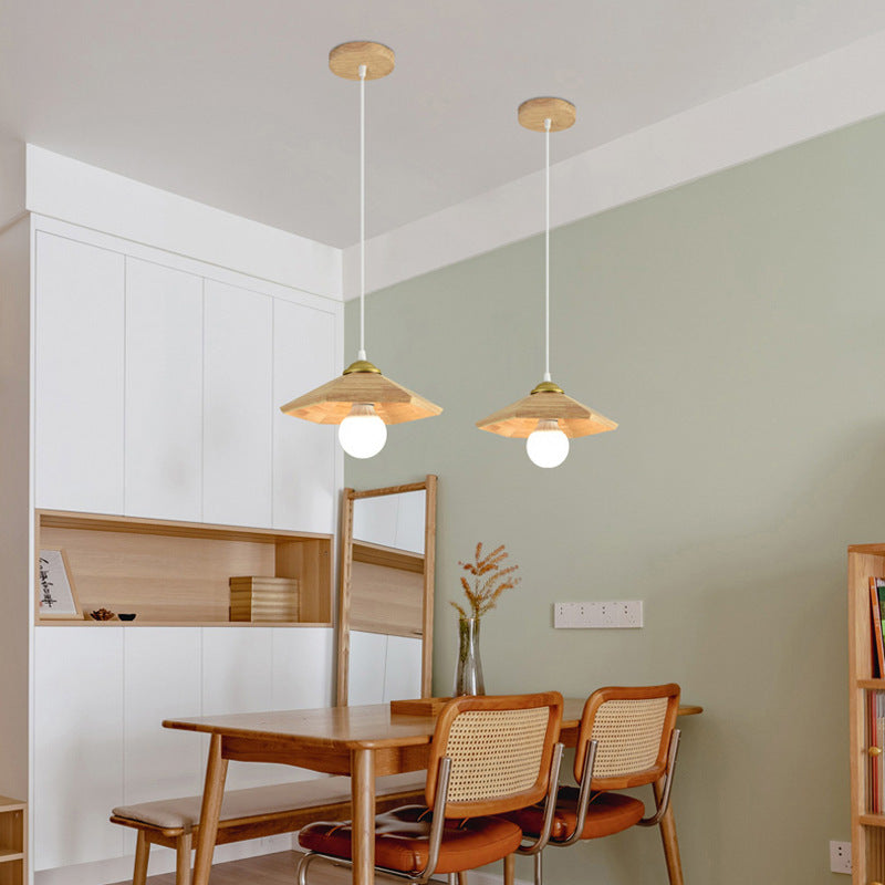Traditional Japanese Oak Geometric Cone 1-Light Semi Flush Mount Ceiling Light For Living Room