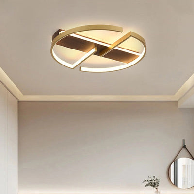 Traditional Chinese Faux Wood Grain Geometric Ring LED Flush Mount Ceiling Light For Living Room
