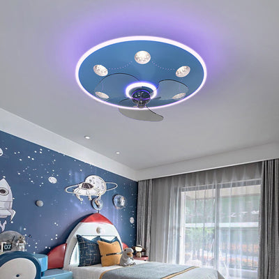 Modern Creative Cartoon UFO flying Saucer Round Iron Acrylic LED Kids Flush Mount Ceiling Fan Light