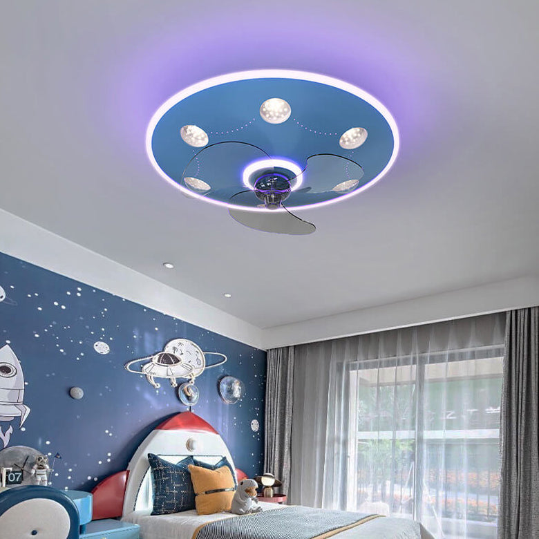 Modern Creative Cartoon UFO flying Saucer Round Iron Acrylic LED Kids Flush Mount Ceiling Fan Light