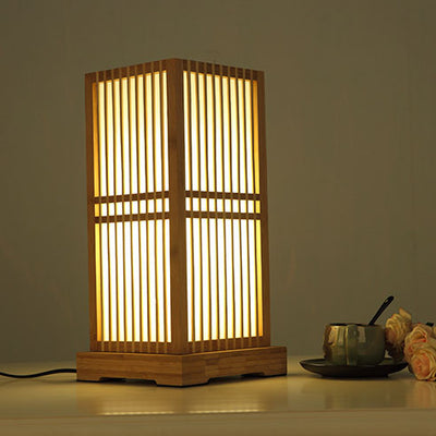 Japanese Minimalist Wooden Square Column 1-Light Table Lamp
