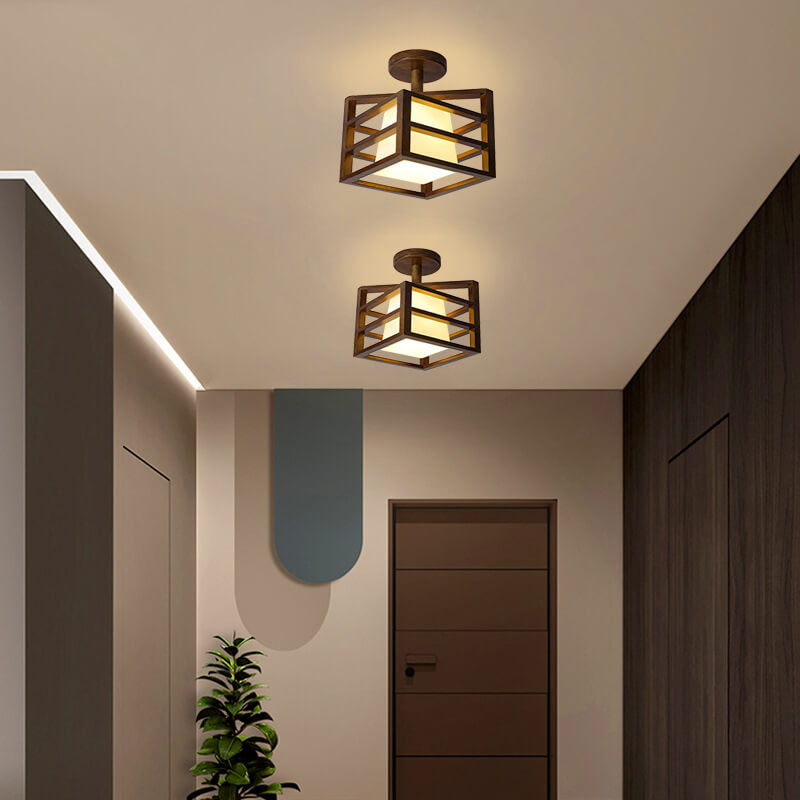 Simple Walnut Solid Wood Frame 1-Light Semi-Flush Mount Ceiling Light