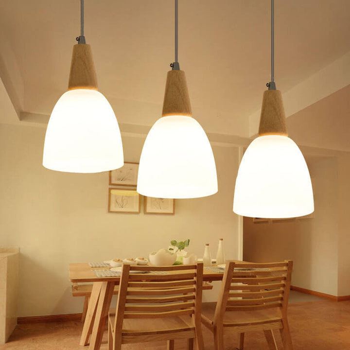 Lustre à îlot à 3 lumières en bois avec cône en verre simple nordique 