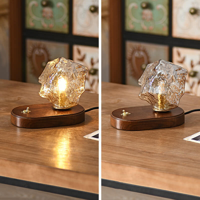 Japanische Vintage Walnuss Unregelmäßige Glaslampenschirm 1-Licht Tischlampe 