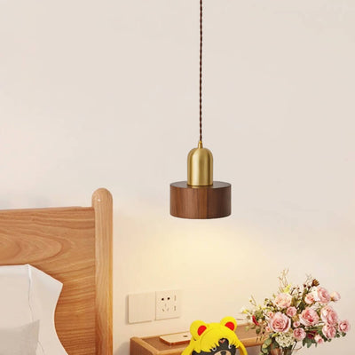 Japanese Vintage Walnut Geometric Round Cone Brass 1-Light Pendant Light