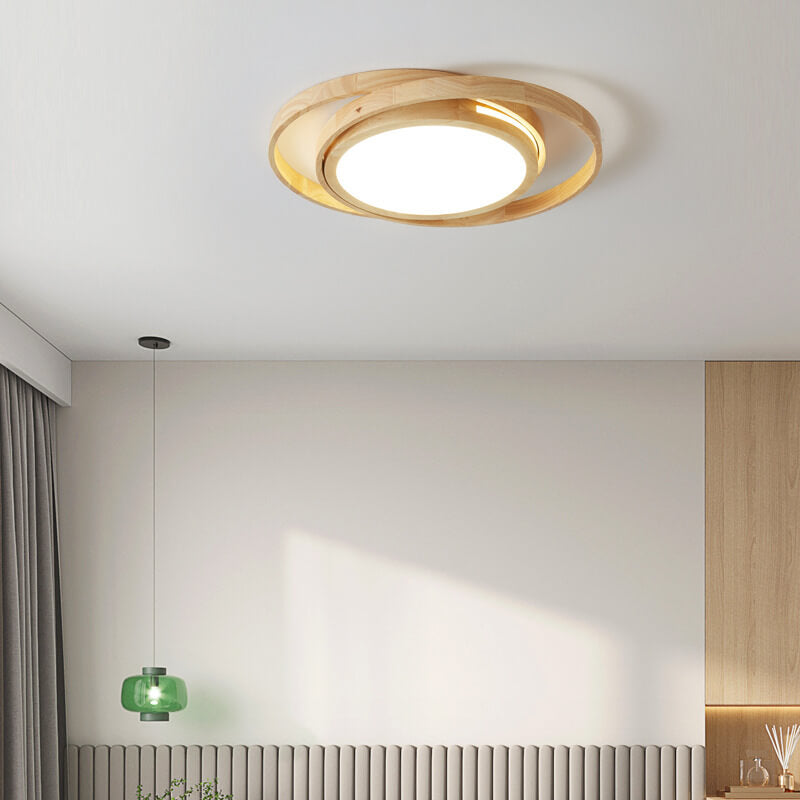 Minimalistische LED-Deckenleuchte mit Kreisring aus Holz für die bündige Montage