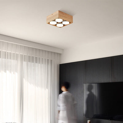 Japanese Minimalist Square Solid Wood Spotlight LED Flush Mount Ceiling Light