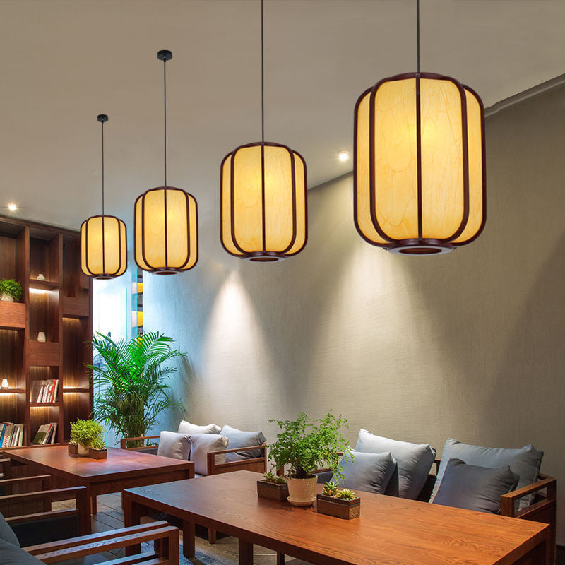 Traditional Chinese Faux Sheepskin Wooden Lantern Round 1-Light Pendant Light for Living Room