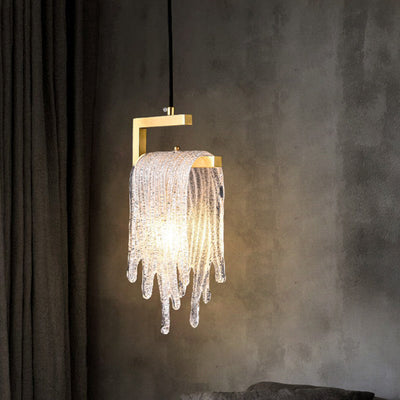 Contemporary Creative Imitation Ice Hanging Glass Tassel Design Brass Frame 1-Light Pendant Light For Living Room