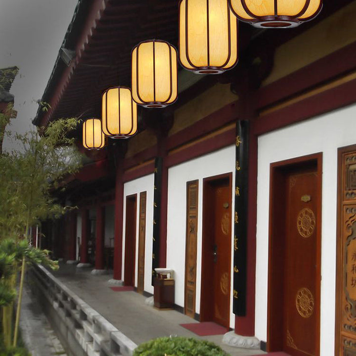 Traditional Chinese Faux Sheepskin Wooden Lantern Round 1-Light Pendant Light for Living Room