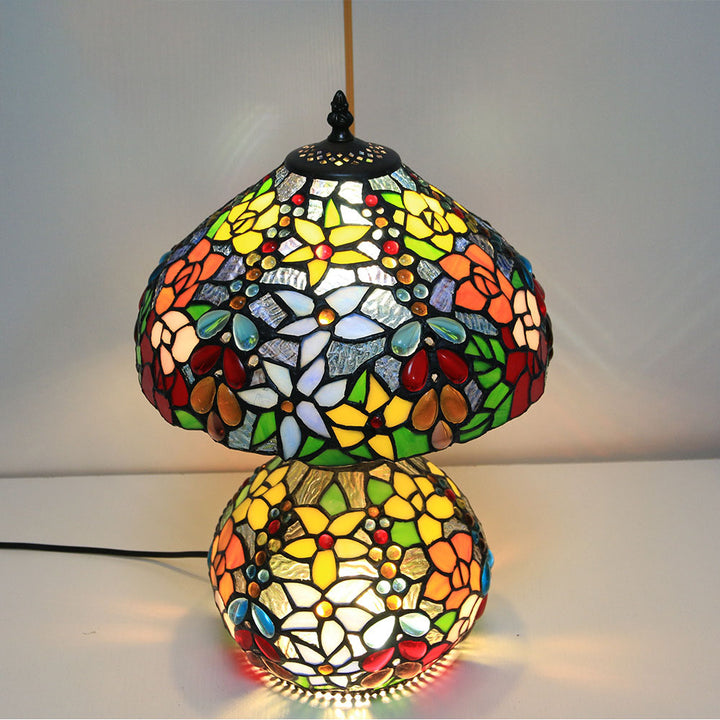 Traditional Tiffany Copper Glass Resin Floral Beads Round Base 2-Light Table Lamp For Bedroom