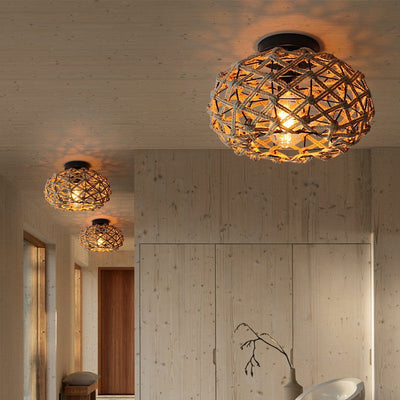 Traditionelle rustikale Hanfseil-Weberei Eisenkäfig 1-Licht Semi-Flush Mount Deckenleuchte für Schlafzimmer 