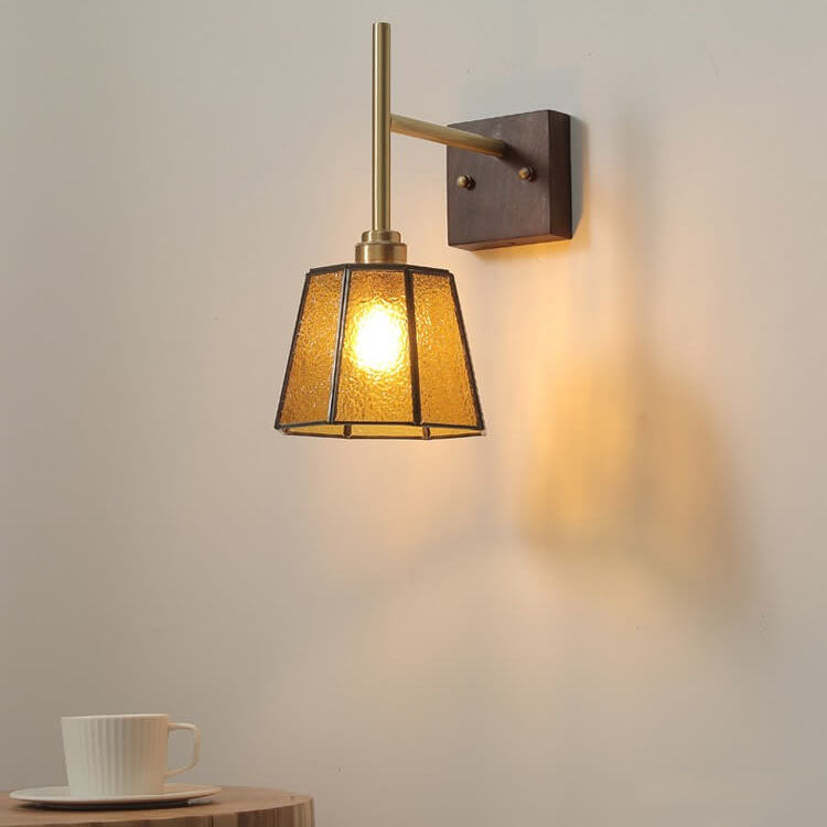 Vintage Amber Glass Shade Walnut 1-Light Wall Sconce Lamp