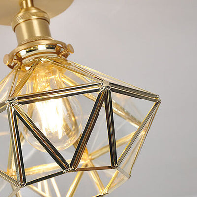 Modern Brass Glass Diamond 1-Light Semi-Flush Mount Ceiling Light