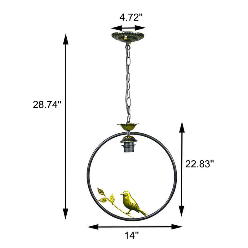 Vintage Tiffany Round Iron Stained Glass Bird 1-Light Pendant Light