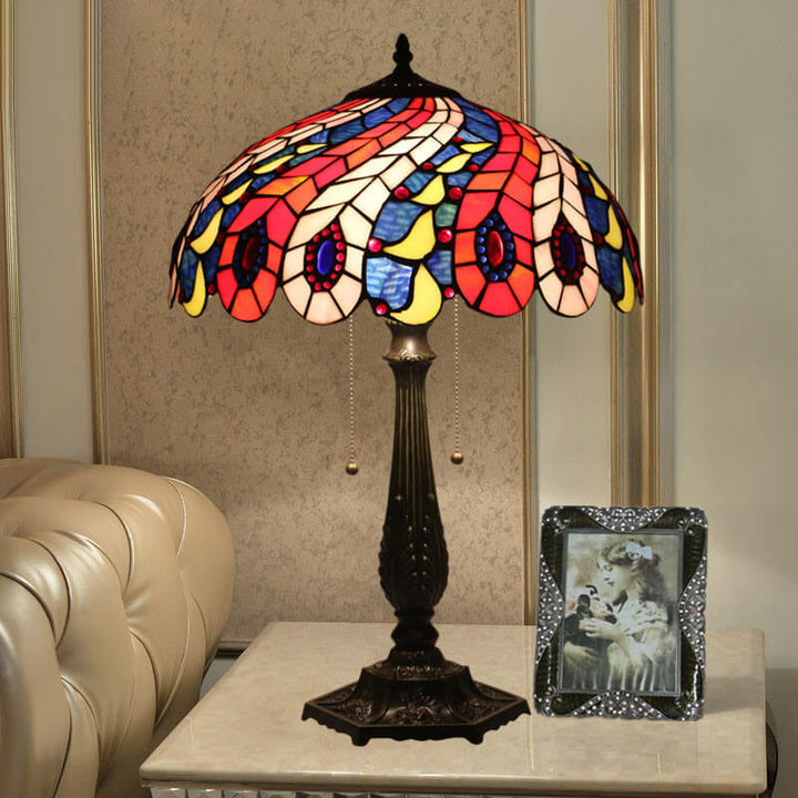 Lampe de table à 1 lumière avec motif créatif de plume de queue de paon Tiffany 