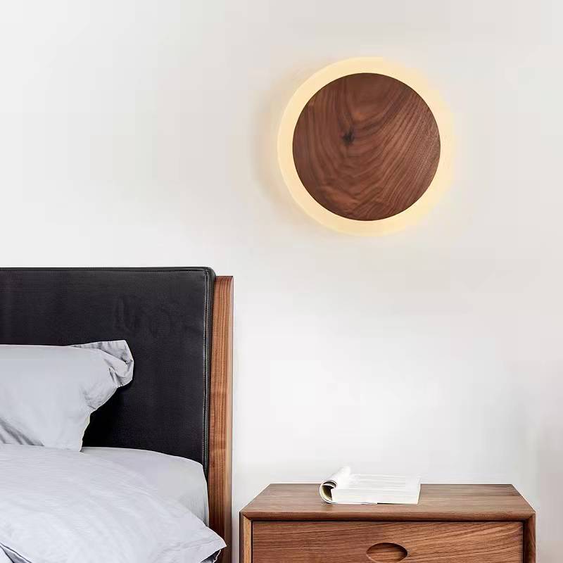 Aplique de pared LED con pantalla redonda de nogal negro japonés tradicional para sala de estar 