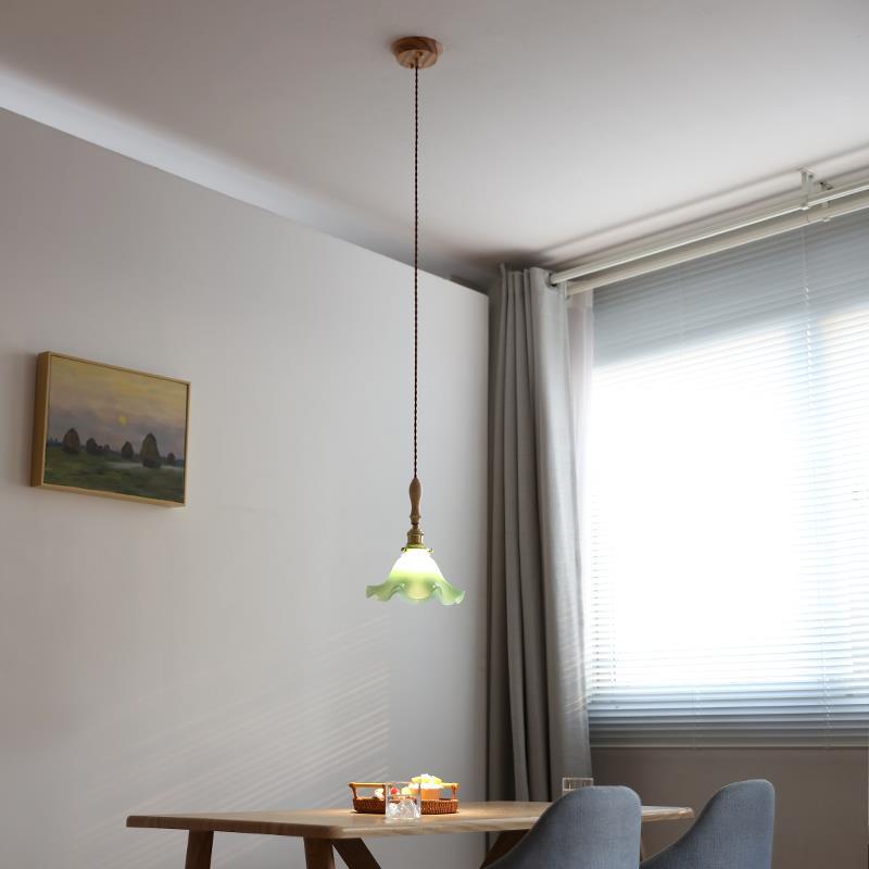 Moderne nordische Pendelleuchte mit Glas, Walnussholz und Blütenblatt-Design, 1-flammig, für Wohnzimmer &amp; Schlafzimmer 